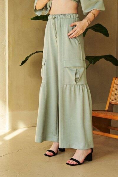 Davi & Dani Drawstring Ruched Detail Wide Leg Pants Sage for a perfect OOTD – dress to impress outfits from Amexza