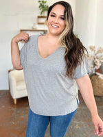 Basic Bae Full Size Bamboo Slit V-Neck Short Sleeve T-Shirt for a perfect OOTD – dress to impress outfits from Amexza