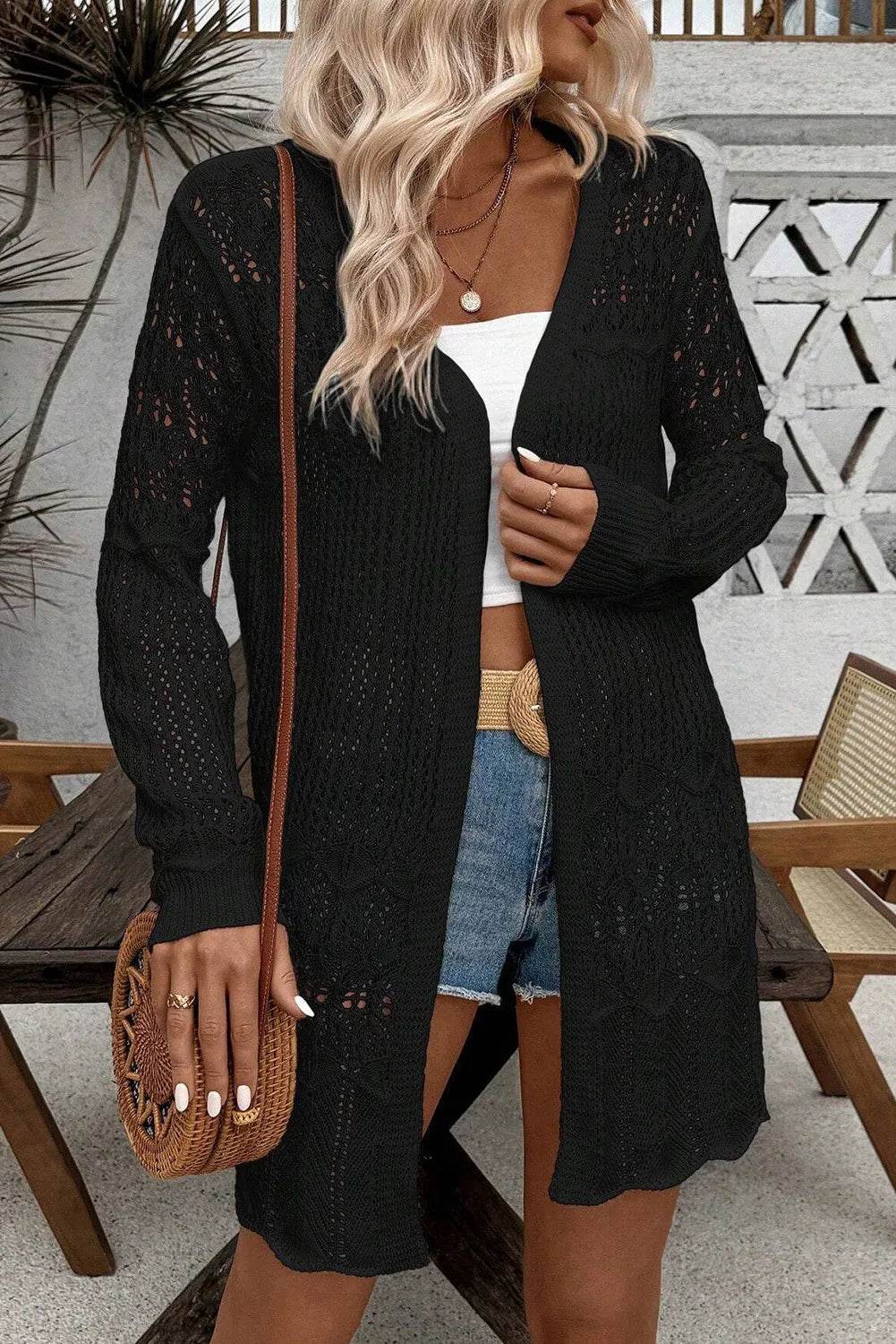 Openwork Open Front Long Sleeve Cardigan for a perfect OOTD – dress to impress outfits from Amexza