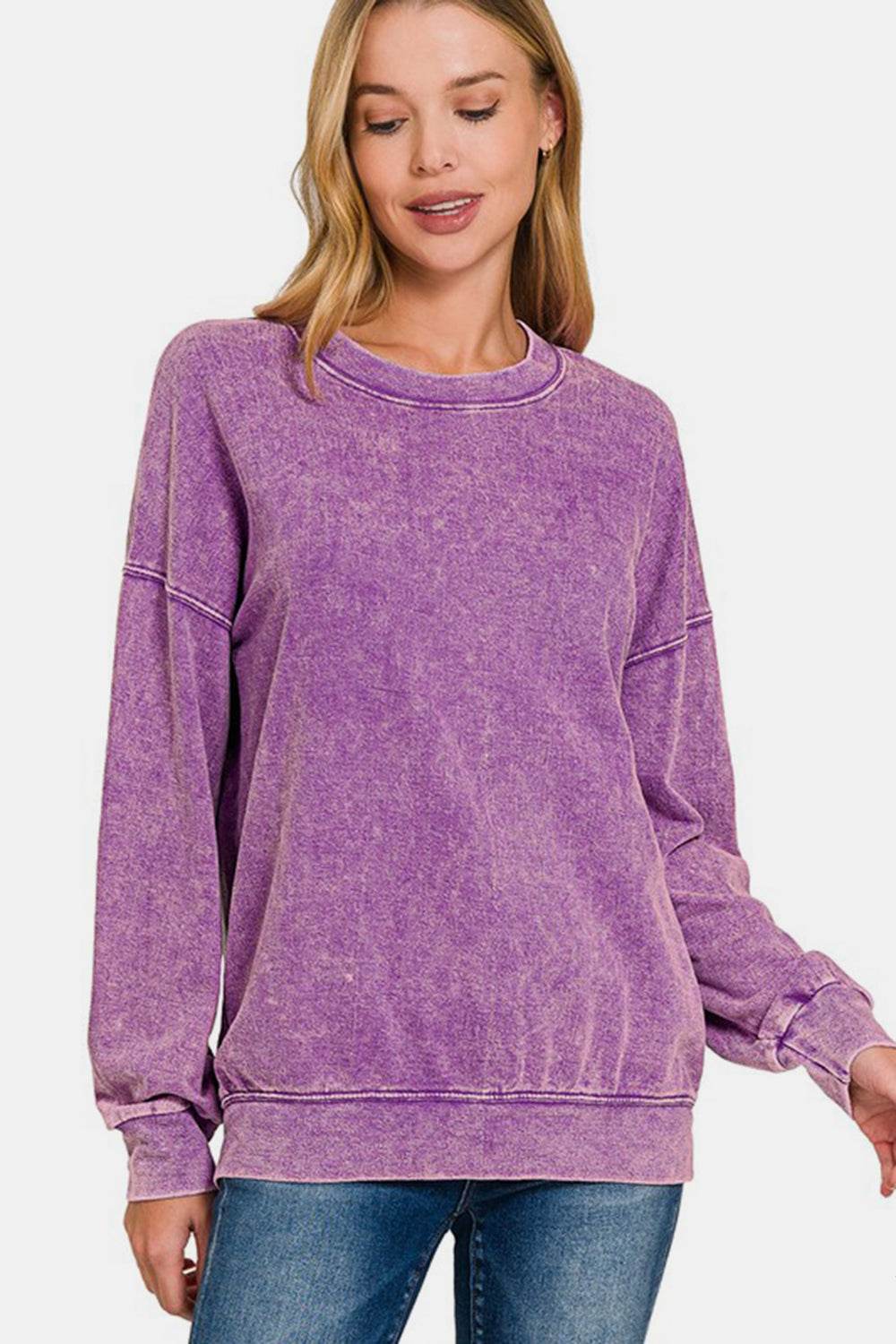 Zenana Washed Round Neck Dropped Shoulder Sweatshirt Violet for a perfect OOTD – dress to impress outfits from Amexza