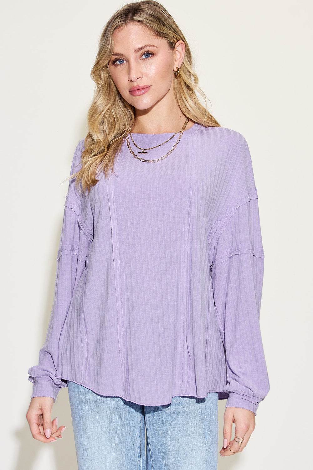 Basic Bae Full Size Ribbed Round Neck Long Sleeve T-Shirt Lavender for a perfect OOTD – dress to impress outfits from Amexza