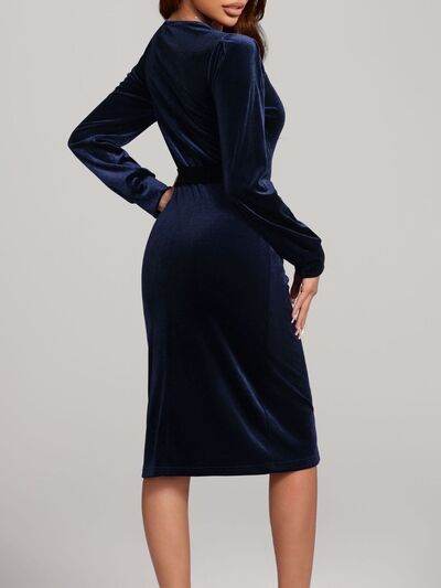 Round Neck Tie Waist Long Sleeve Velvet Dress for a perfect OOTD – dress to impress outfits from Amexza