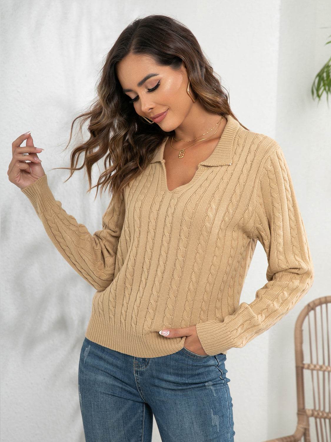 Johnny Collar Cable-Knit Long Sleeve Sweater for a perfect OOTD – dress to impress outfits from Amexza