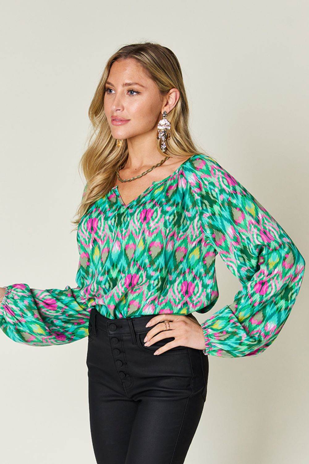 Double Take Full Size Printed Balloon Sleeve Blouse for a perfect OOTD – dress to impress outfits from Amexza