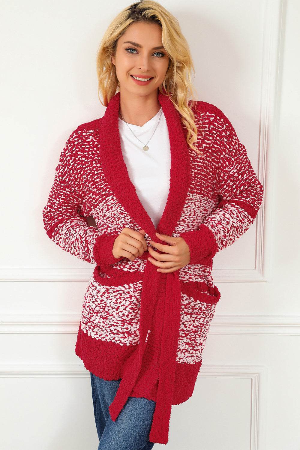 Open Front Longline Cardigan with Pockets Red for a perfect OOTD – dress to impress outfits from Amexza