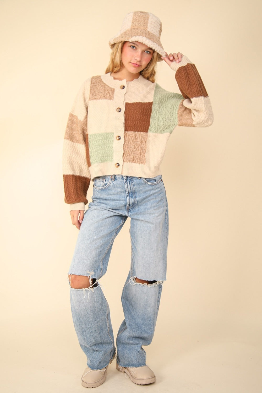 VERY J Color Block Button Down Textured Sweater Cardigan for a perfect OOTD – dress to impress outfits from Amexza