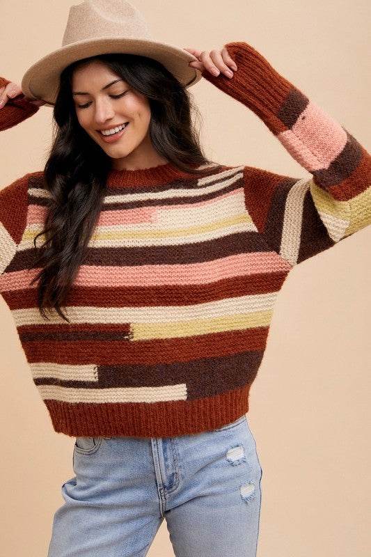 Annie Wear Color Block Round Neck Long Sleeve Sweater Chocolate Multicolor for a perfect OOTD – dress to impress outfits from Amexza