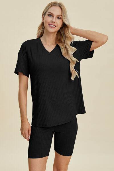 Basic Bae Full Size Ribbed V-Neck Short Sleeve Top and Shorts Set Black for a perfect OOTD – dress to impress outfits from Amexza