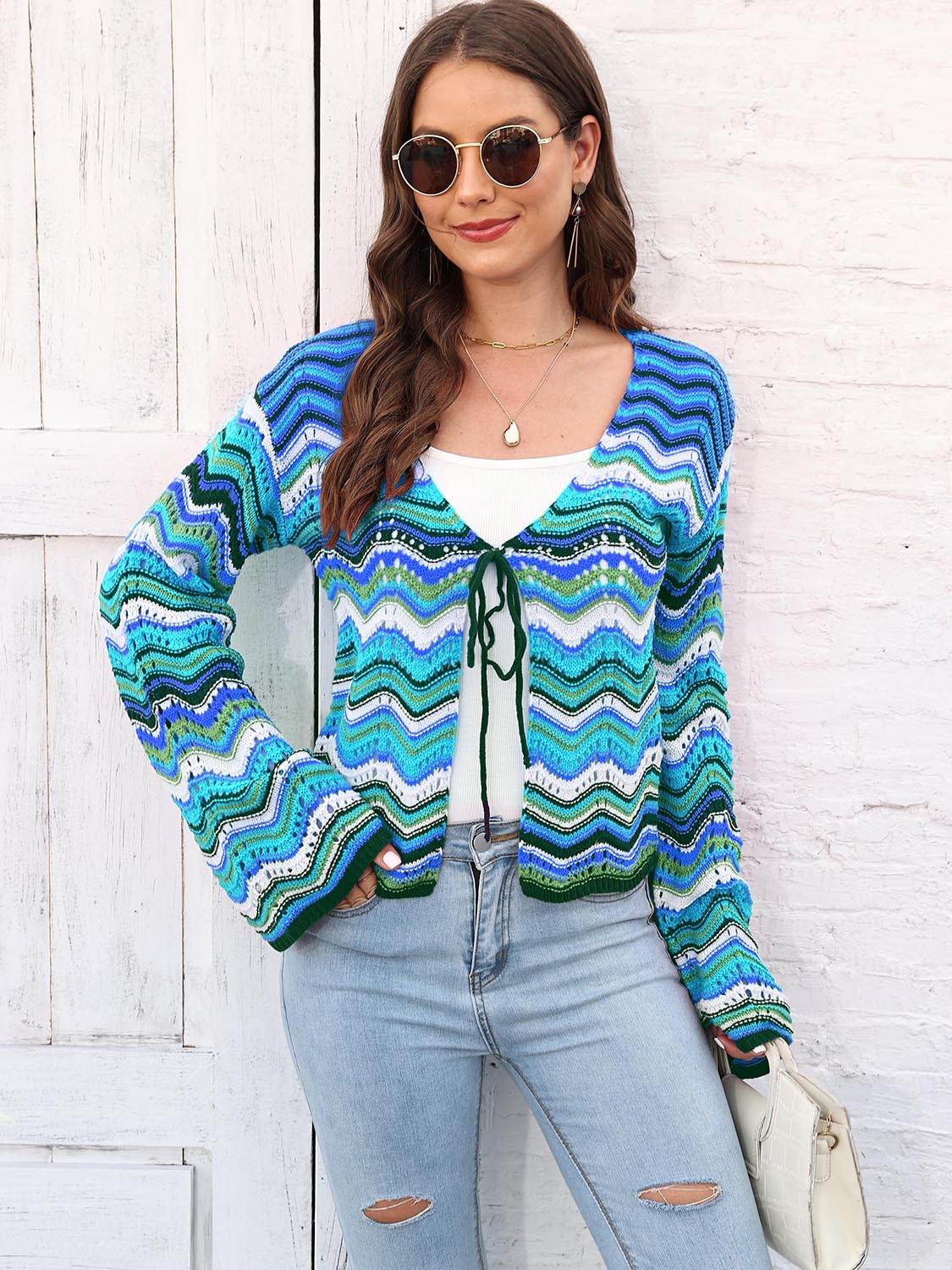 Striped Openwork Tied Cardigan - Amexza