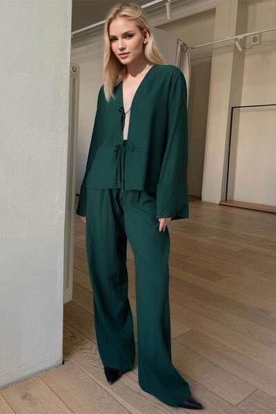 Basic Bae Breathable Double Tie Long Sleeve Top and Pants Set - Amexza