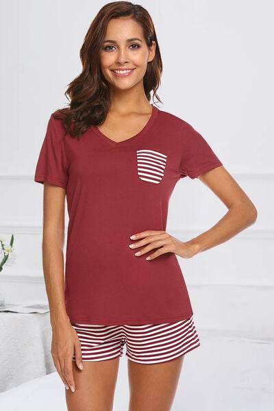 Striped Short Sleeve Top and Shorts Lounge Set Burgundy for a perfect OOTD – dress to impress outfits from Amexza