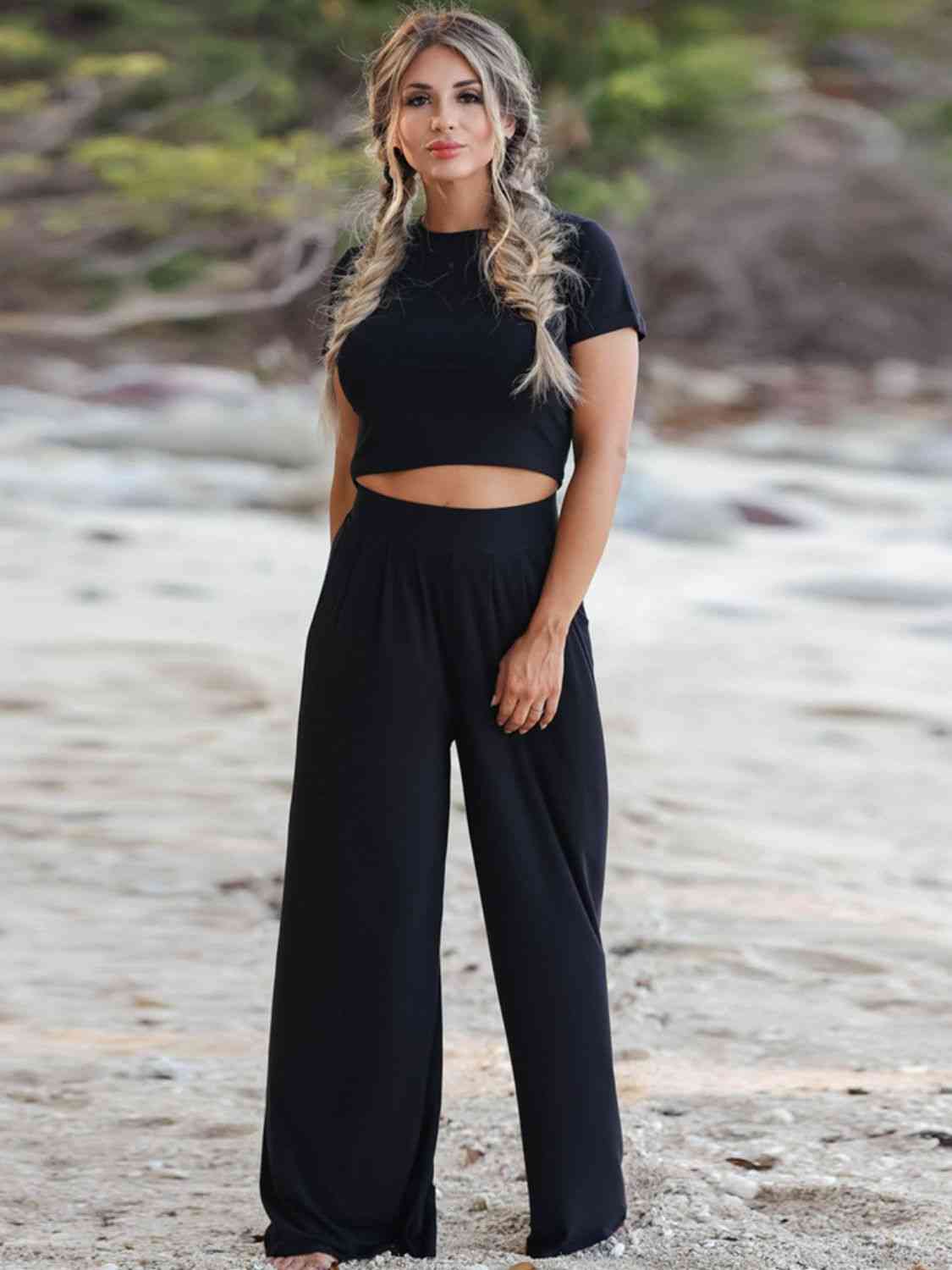 Short Sleeve T-Shirt and Wide Leg Pants Set Black for a perfect OOTD – dress to impress outfits from Amexza