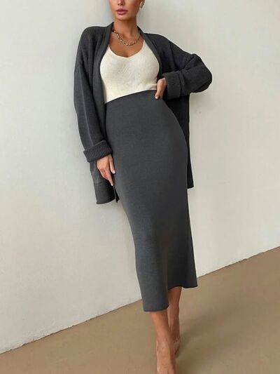 Pocketed Long Sleeve Cardigan and Skirt Sweater Set - Amexza