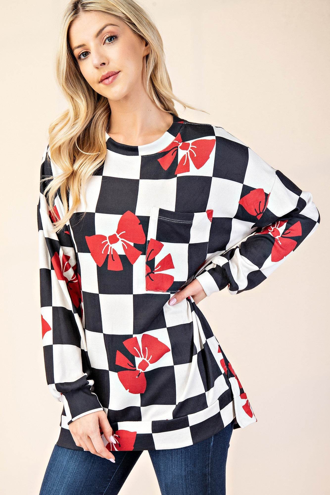 Celeste Full Size Checkered Bow Print Round Neck T-Shirt for a perfect OOTD – dress to impress outfits from Amexza