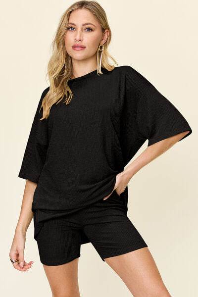 Double Take Full Size Texture Round Neck Drop Shoulder T-Shirt and Shorts Set Black for a perfect OOTD – dress to impress outfits from Amexza