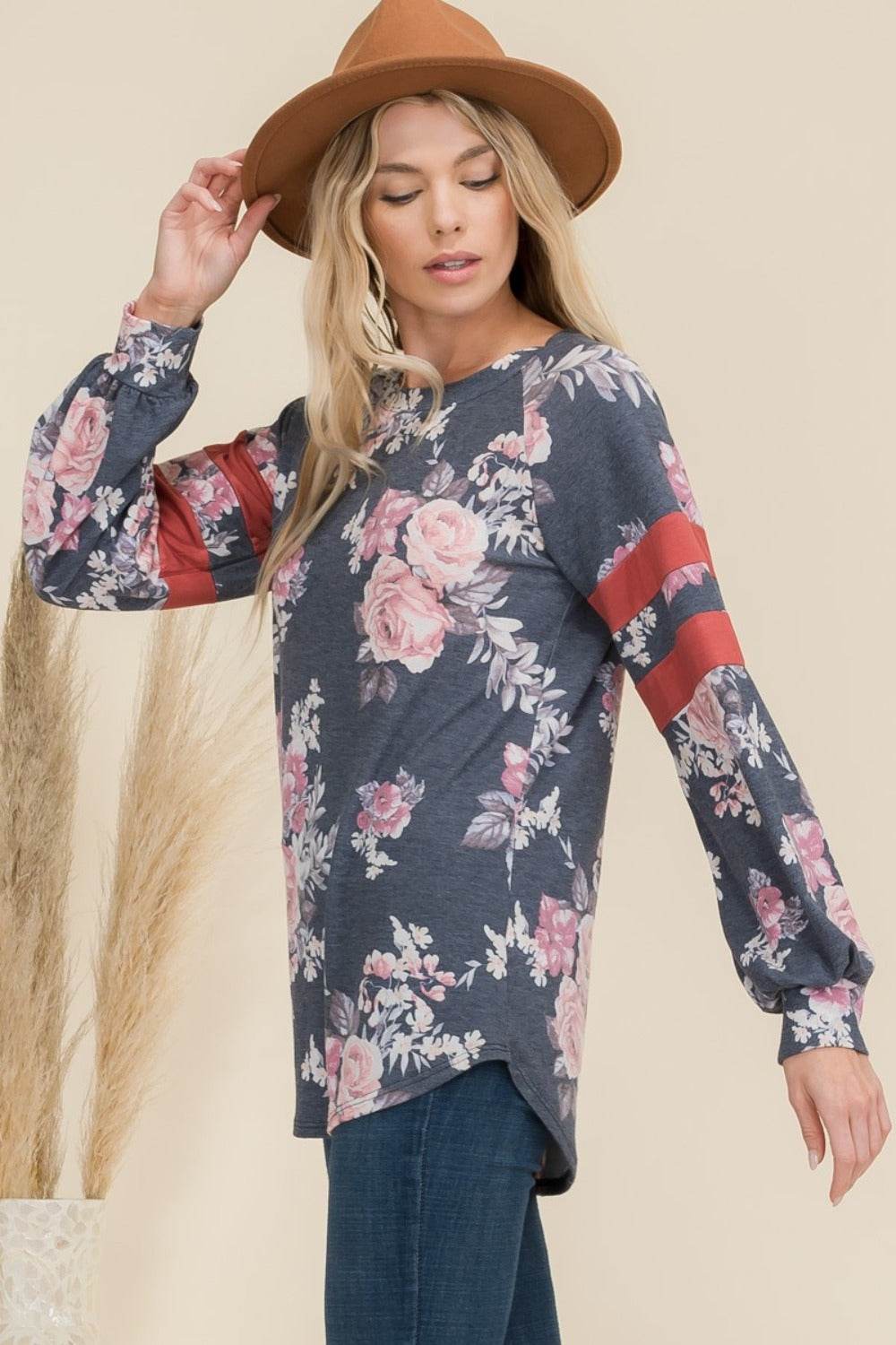 Celeste Full Size Floral Curved Hem T-Shirt with Stripe Detail for a perfect OOTD – dress to impress outfits from Amexza