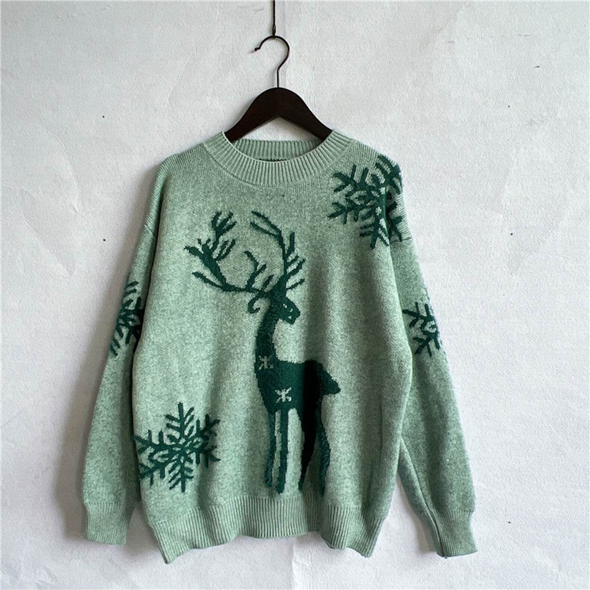 Reindeer and Snowflake Pattern Sweater - Amexza