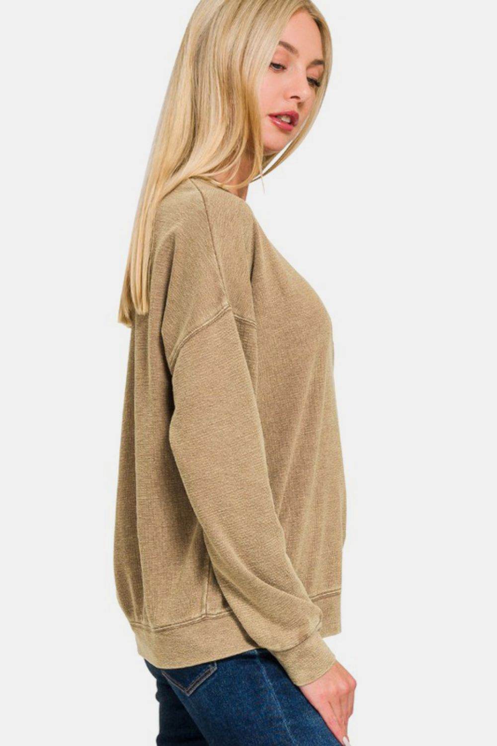 Zenana Washed Round Neck Dropped Shoulder Sweatshirt - Amexza