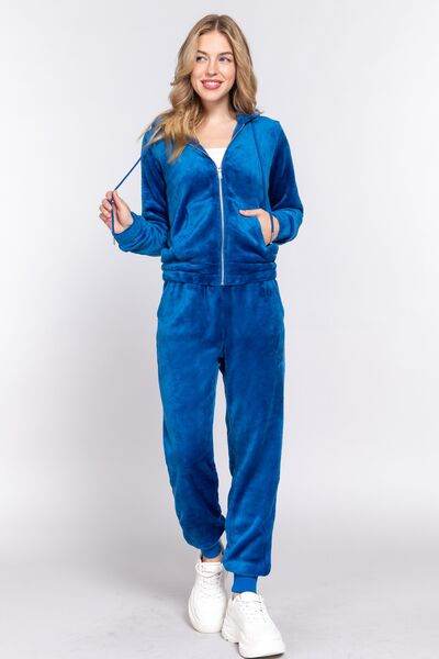 ACTIVE BASIC Faux Fur Zip Up Long Sleeve Hoodie and Joggers Set for a perfect OOTD – dress to impress outfits from Amexza