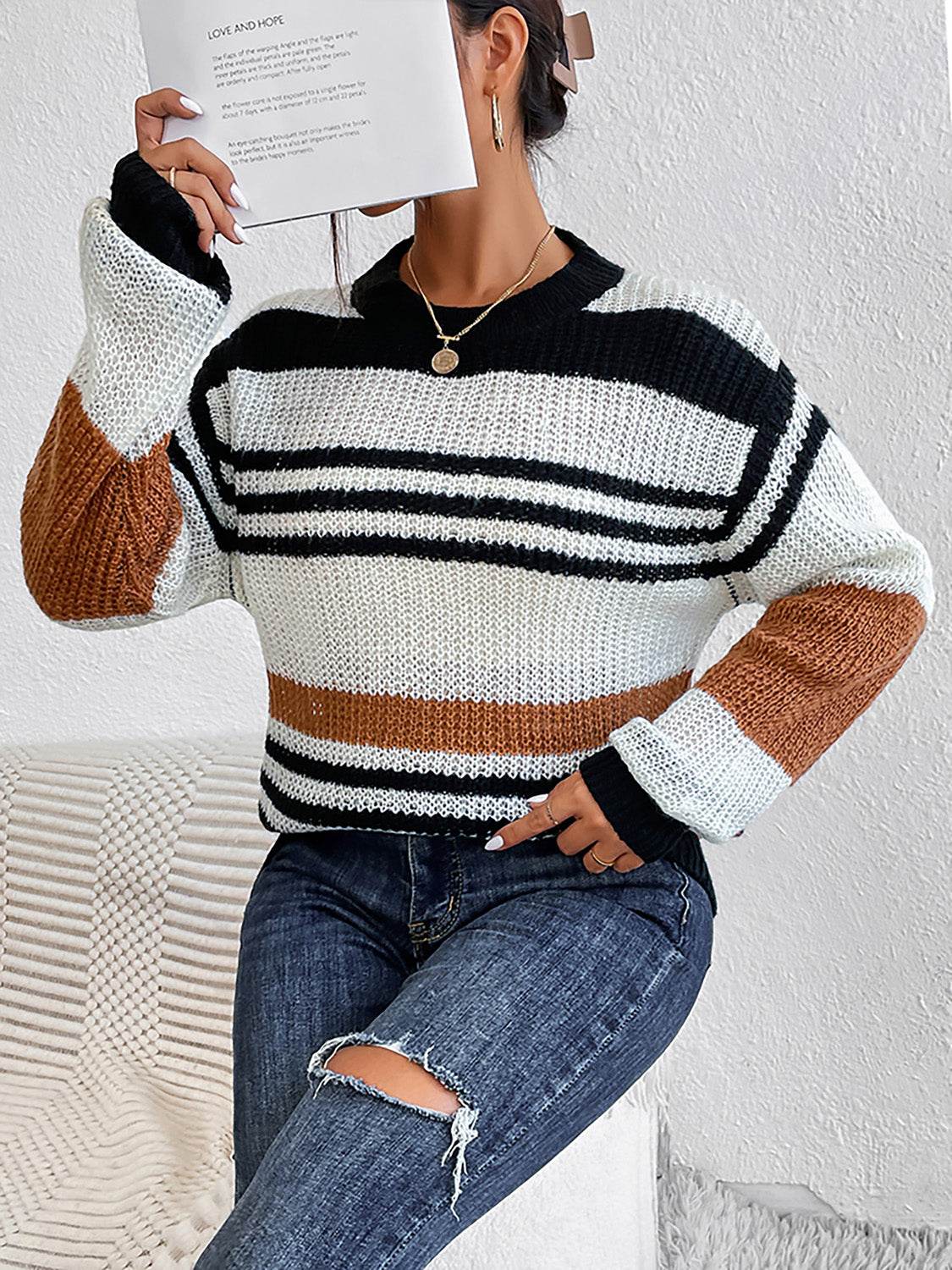 Striped Round Neck Sweater - Amexza