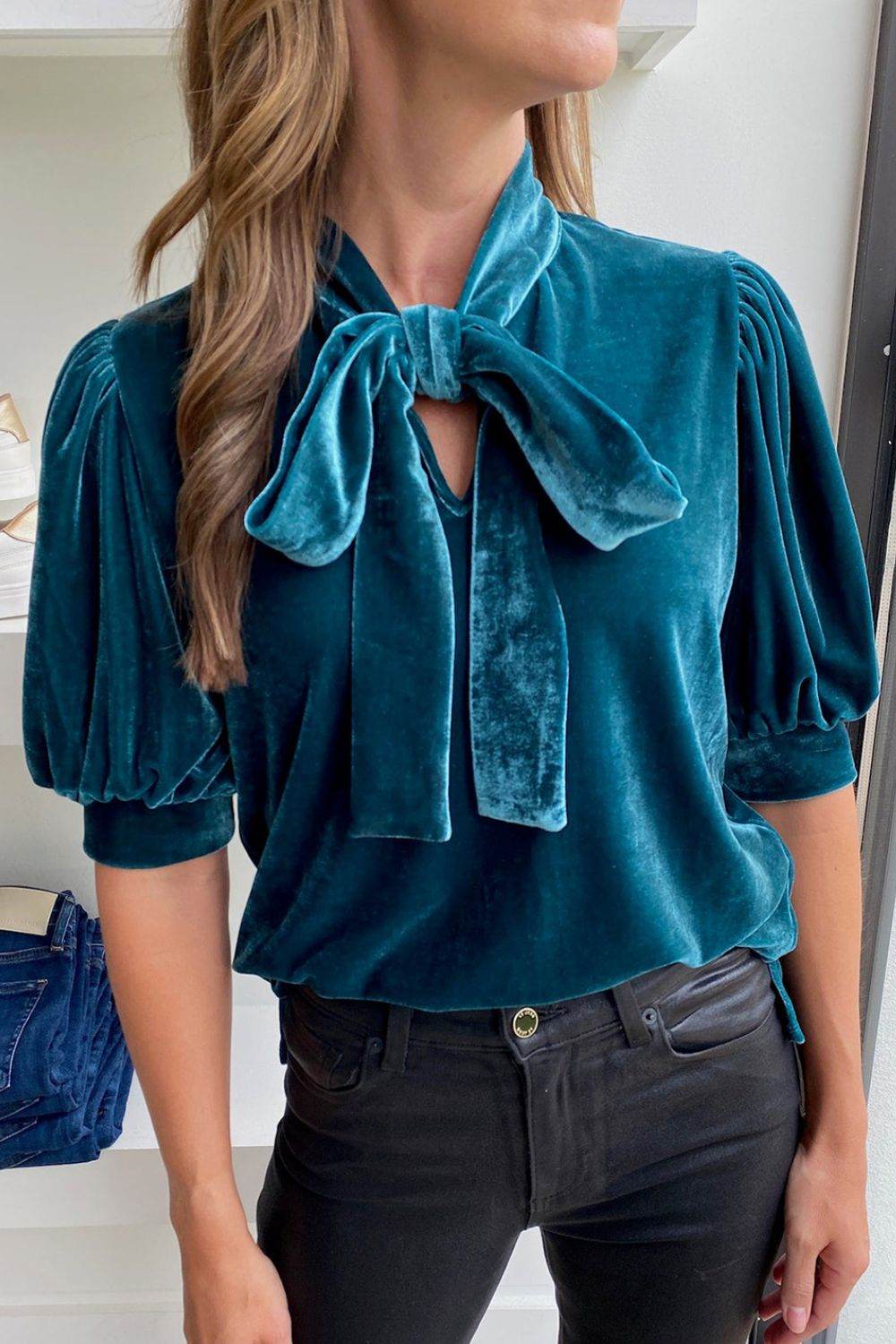 Tie Neck Half Sleeve Blouse Deep Teal for a perfect OOTD – dress to impress outfits from Amexza