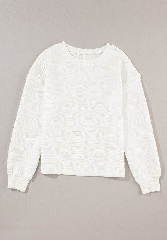 Texture Round Neck Long Sleeve Sweatshirt - Amexza