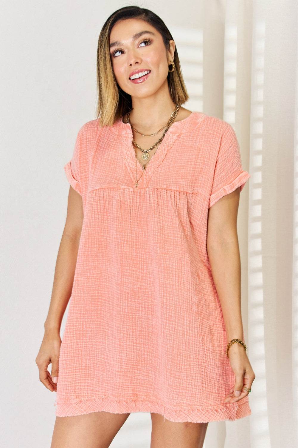 Zenana Washed Nochted Rolled Short Sleeve Dress Coral for a perfect OOTD – dress to impress outfits from Amexza