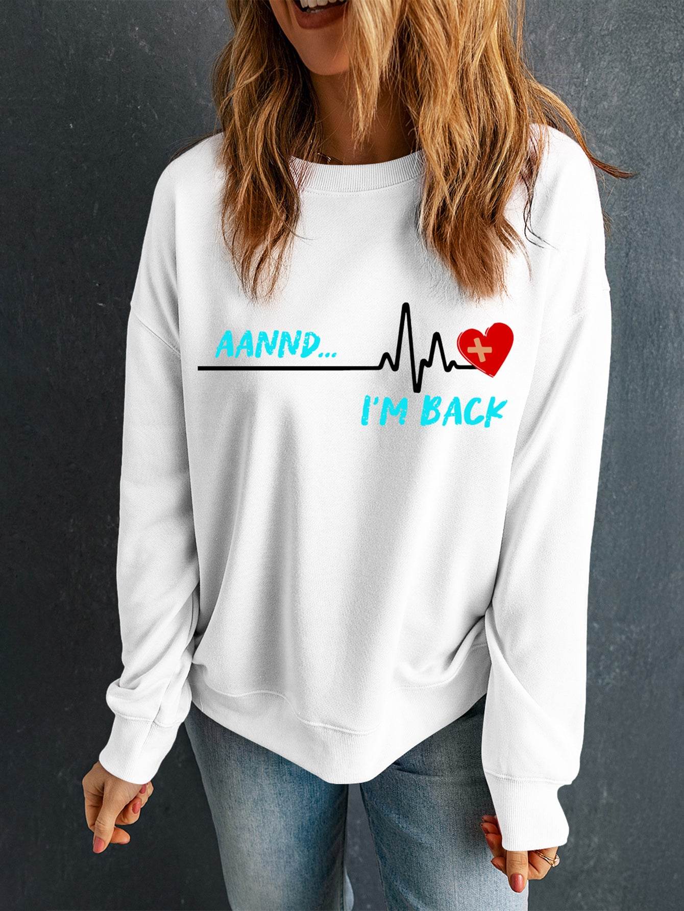 Graphic Round Neck Long Sleeve Sweatshirt - Amexza