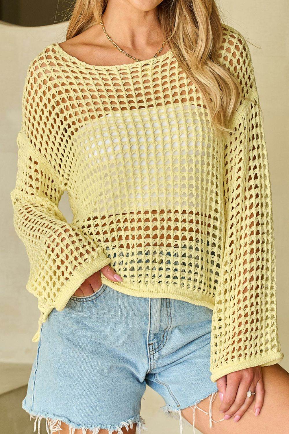 Openwork Round Neck Dropped Shoulder Knit Cover Up Light Yellow for a perfect OOTD – dress to impress outfits from Amexza