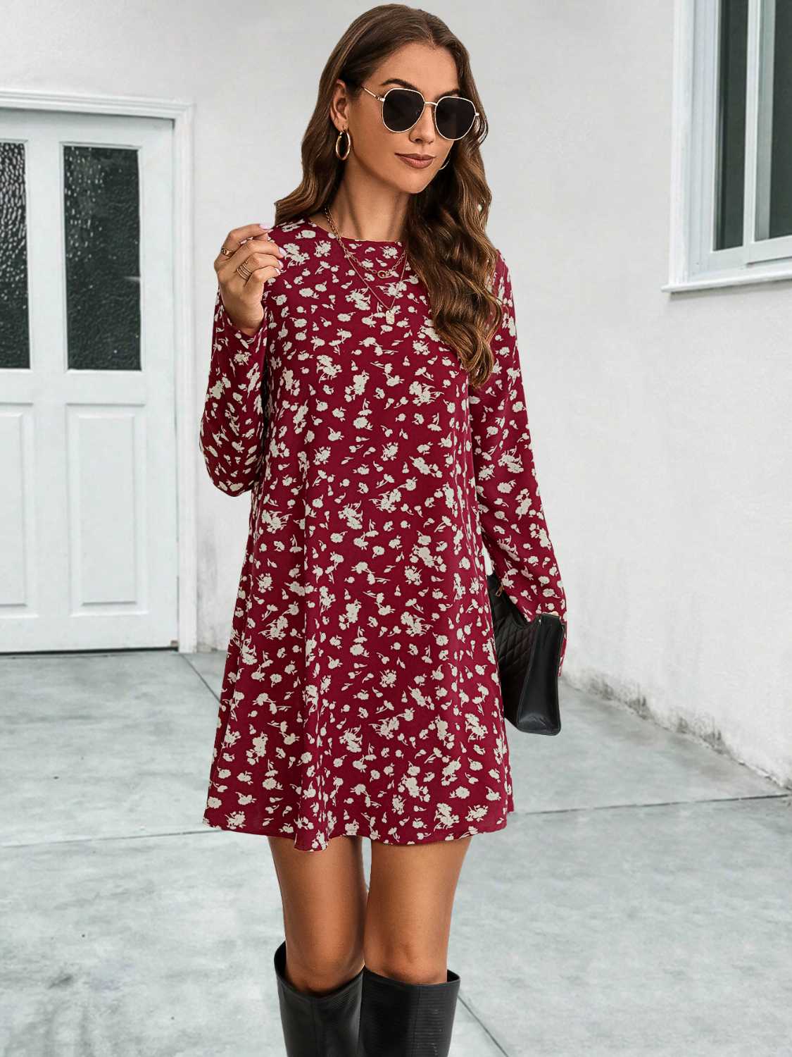 Round Neck Long Sleeve Mini Dress - Deep Red / S