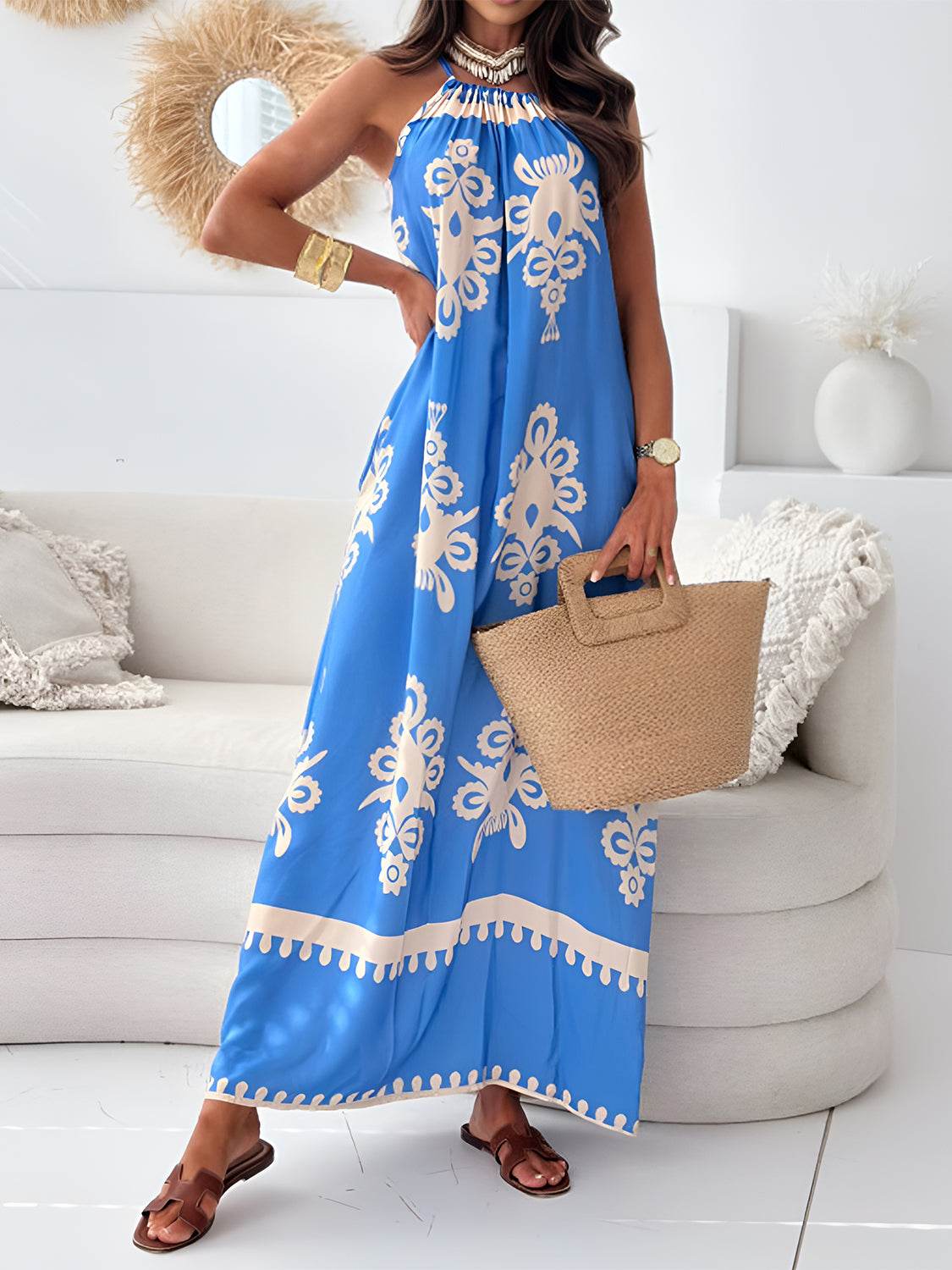 Printed Spaghetti Strap Sleeveless Maxi Dress - Amexza