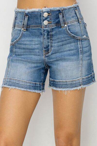 RISEN High Rise Seam Detailed Raw Edge Denim Shorts - Amexza