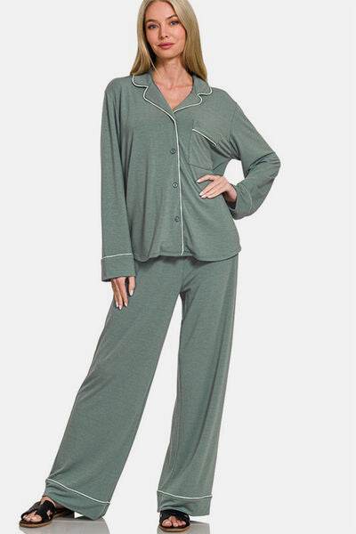 Zenana Button Down Long Sleeve Top and Pants Lounge Set Sage for a perfect OOTD – dress to impress outfits from Amexza