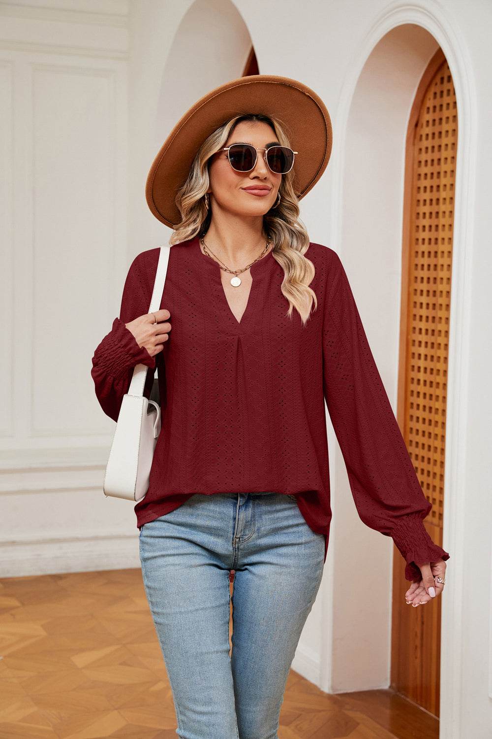 Notched Neck Flounce Sleeve Blouse Wine for a perfect OOTD – dress to impress outfits from Amexza