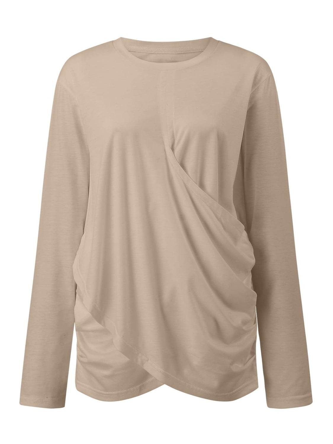 Ruched Round Neck Long Sleeve T-Shirt for a perfect OOTD – dress to impress outfits from Amexza