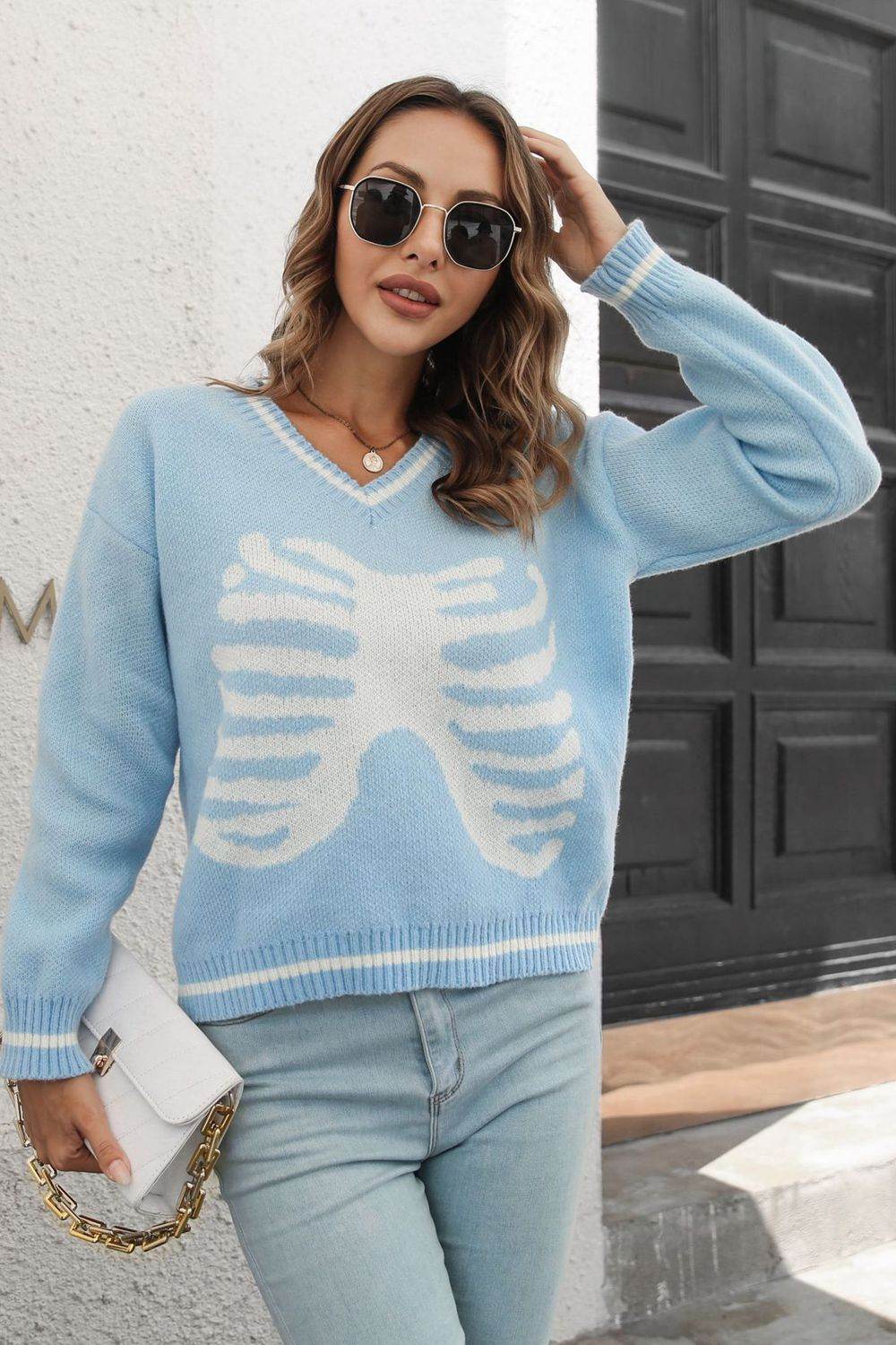 Skeleton Pattern V-Neck Long Sleeve Pullover Sweater Light Blue for a perfect OOTD – dress to impress outfits from Amexza