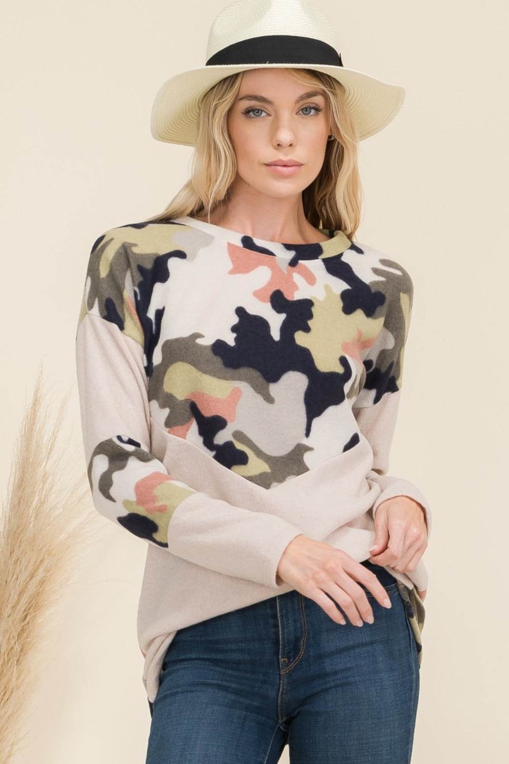 Celeste Full Size Camo Print Contrast Long Sleeve T-Shirt for a perfect OOTD – dress to impress outfits from Amexza