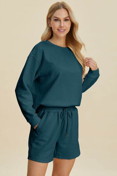 Double Take Full Size Texture Round Neck Long Sleeve Top and Shorts Set for a perfect OOTD – dress to impress outfits from Amexza