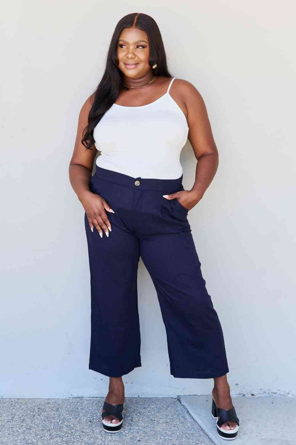 And The Why In The Mix Full Size Pleated Detail Linen Pants in Dark Navy for a perfect OOTD – dress to impress outfits from Amexza