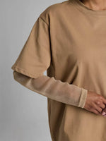 Faux Layered Round Neck Mesh Sleeve Top - Amexza