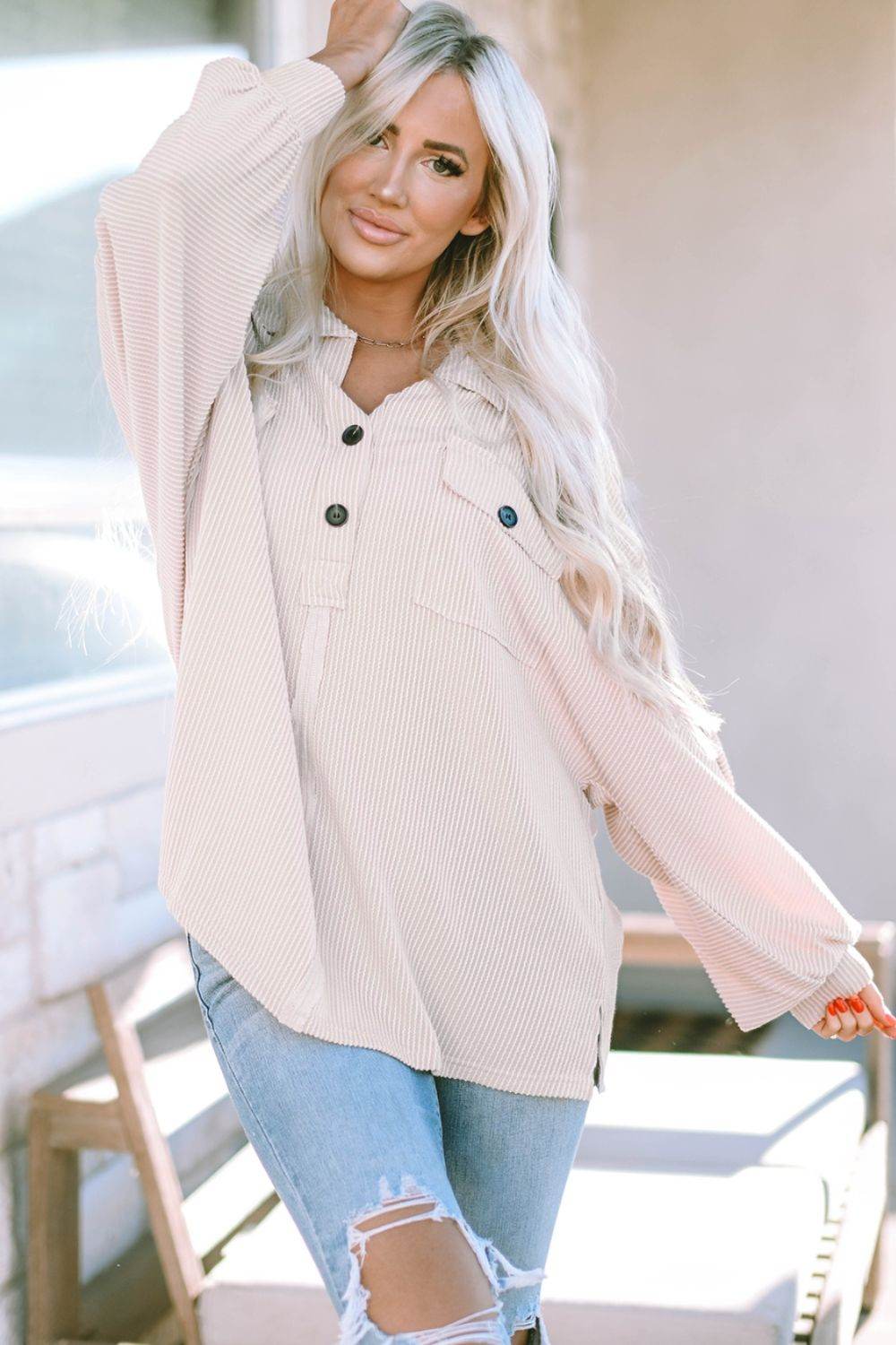 Collared Neck Half Button Long Sleeve Blouse - Amexza