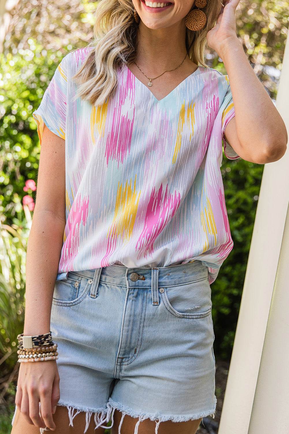 High-Low V-Neck Short Sleeve Blouse - Amexza