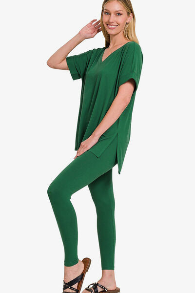 Zenana V-Neck Rolled Short Sleeve T-Shirt and Leggings Lounge Set DK Green for a perfect OOTD – dress to impress outfits from Amexza