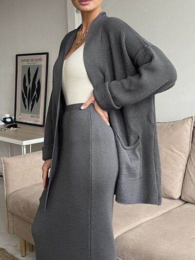 Pocketed Long Sleeve Cardigan and Skirt Sweater Set - Amexza