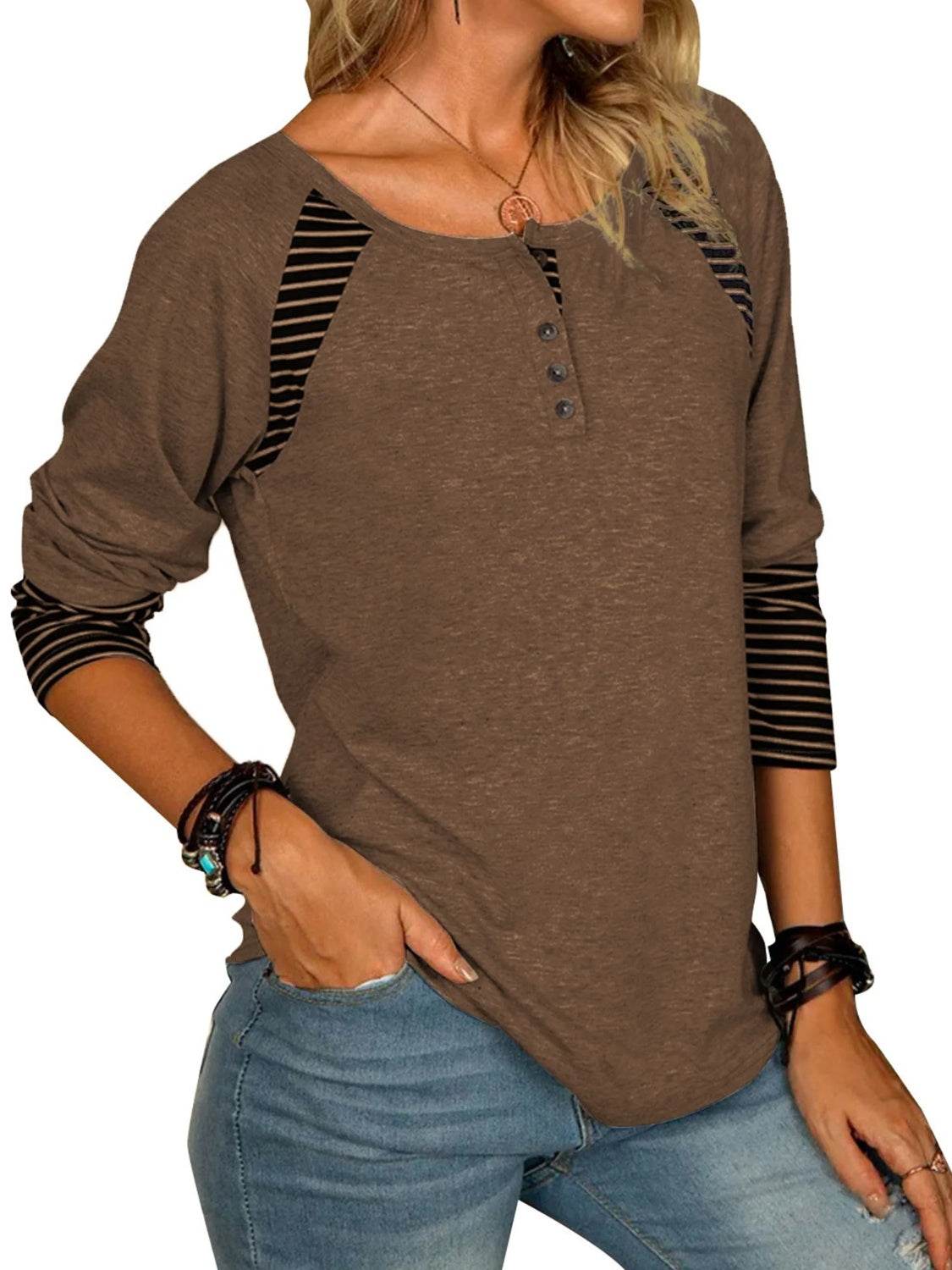 Full Size Striped Quarter Button Long Sleeve T-Shirt for a perfect OOTD – dress to impress outfits from Amexza