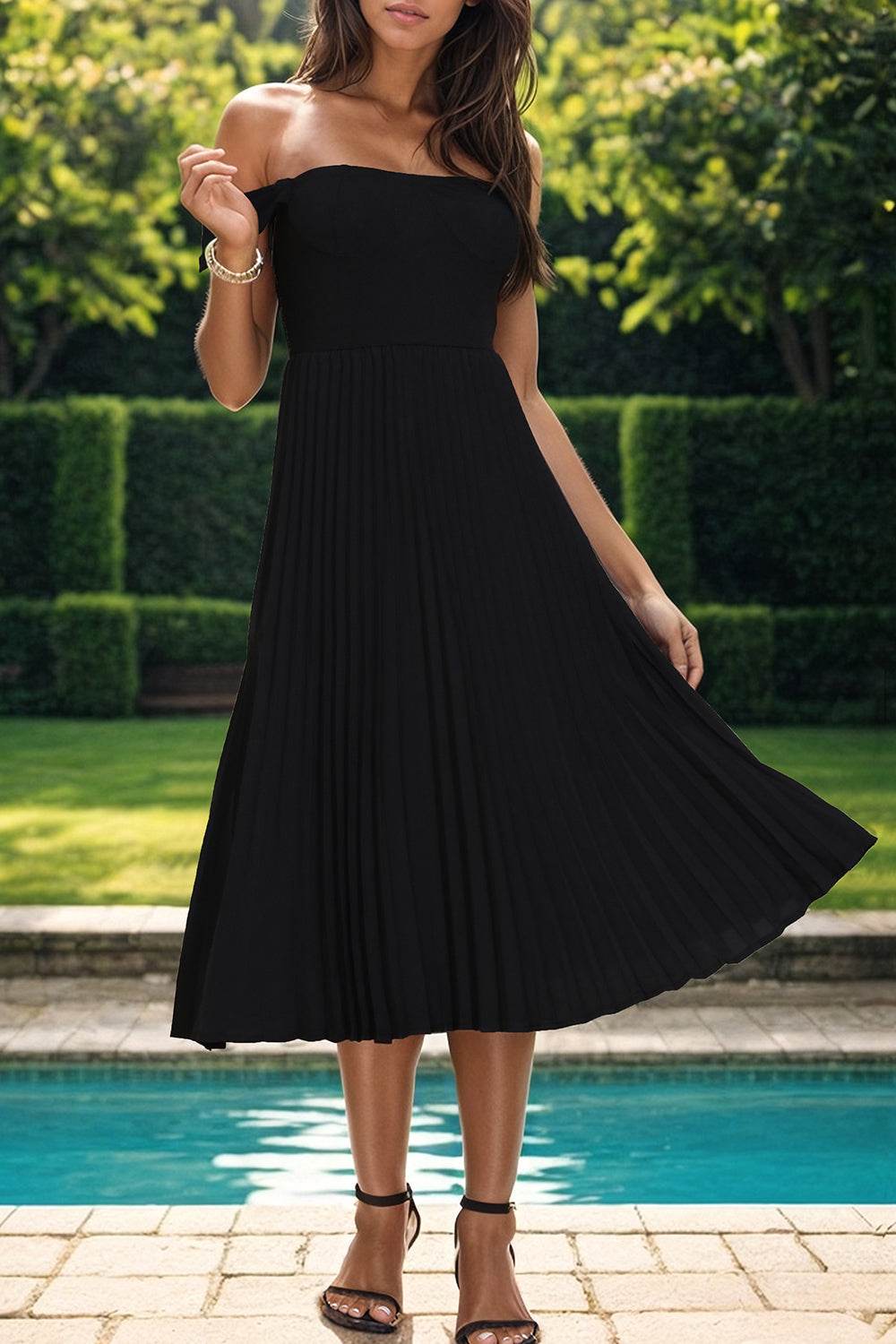 Perfee Pleated Off-Shoulder Midi Dress for a perfect OOTD – dress to impress outfits from Amexza