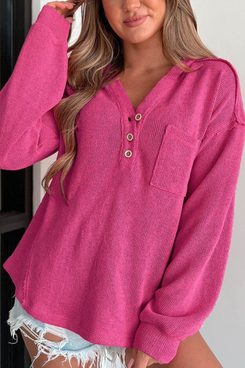 Exposed Seam Detail Henley Knit Hoodie for a perfect OOTD – dress to impress outfits from Amexza