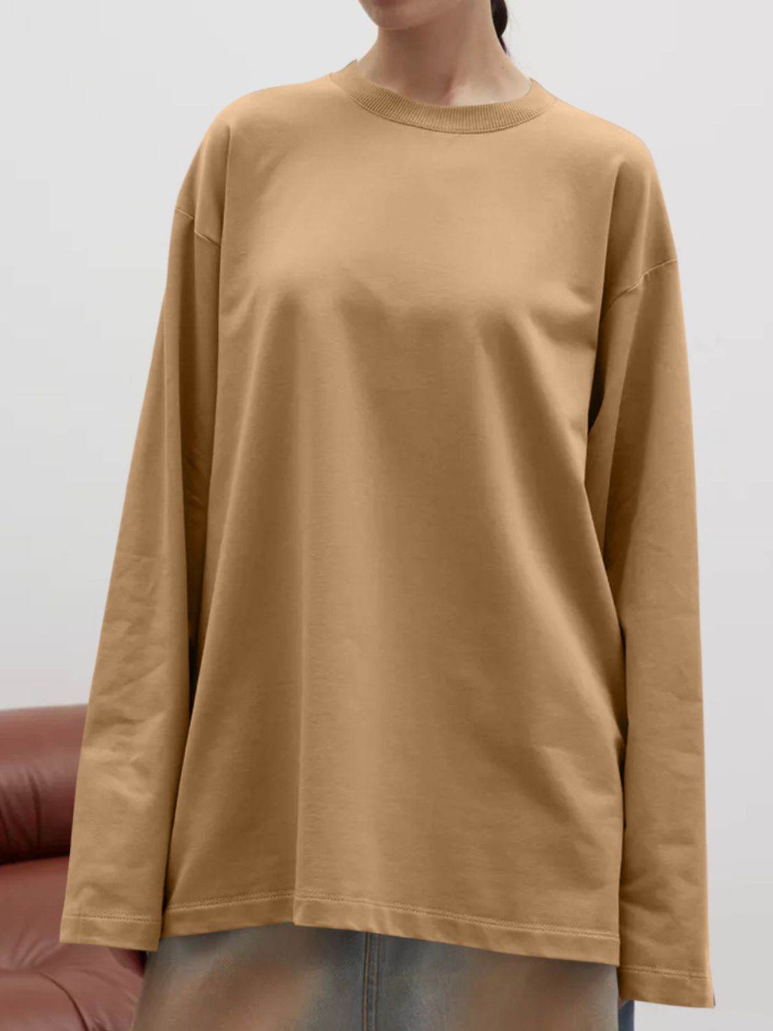 Round Neck Dropped Shoulder Long Sleeve T-Shirt Camel for a perfect OOTD – dress to impress outfits from Amexza