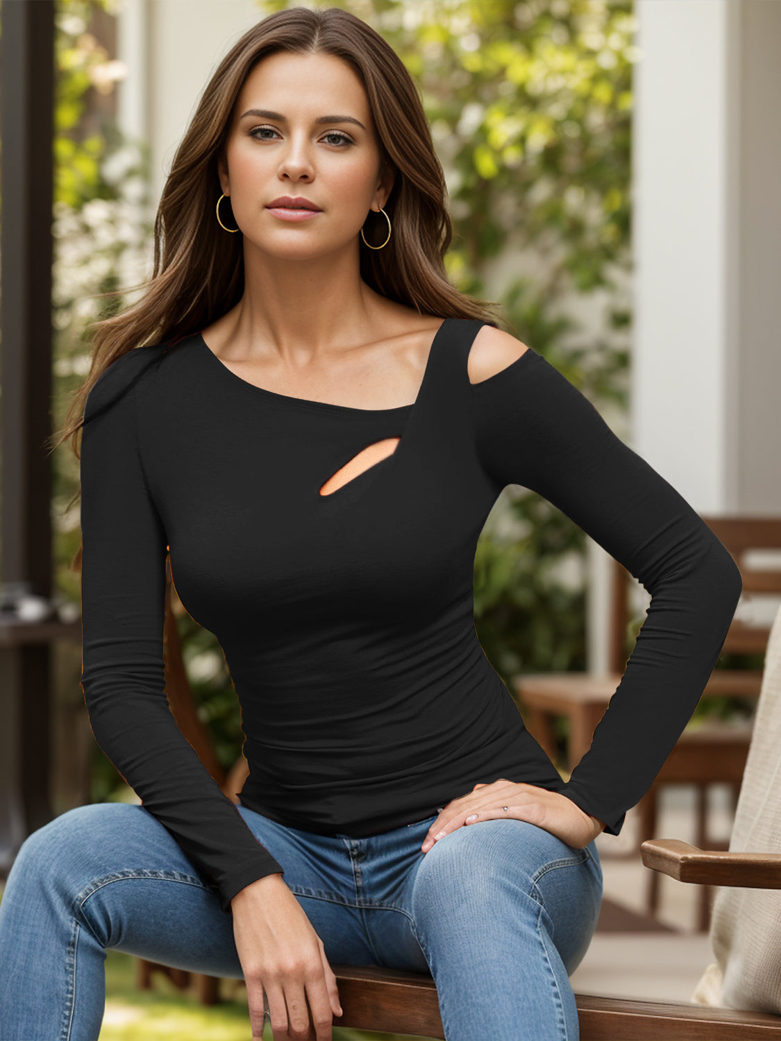 Cutout Asymmetrical Neck Long Sleeve T-Shirt Black for a perfect OOTD – dress to impress outfits from Amexza