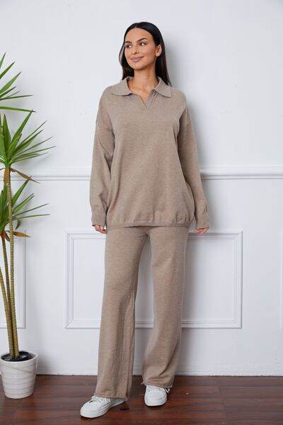 Dropped Shoulder Sweater and Long Pants Set Khaki One Size for a perfect OOTD – dress to impress outfits from Amexza